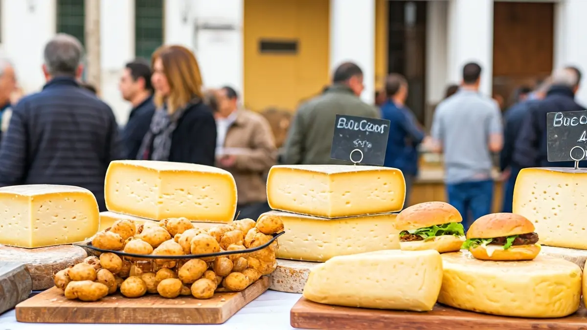 Imagen de un mercado gastronómico con quesos y hamburguesas en un pueblo andaluz.