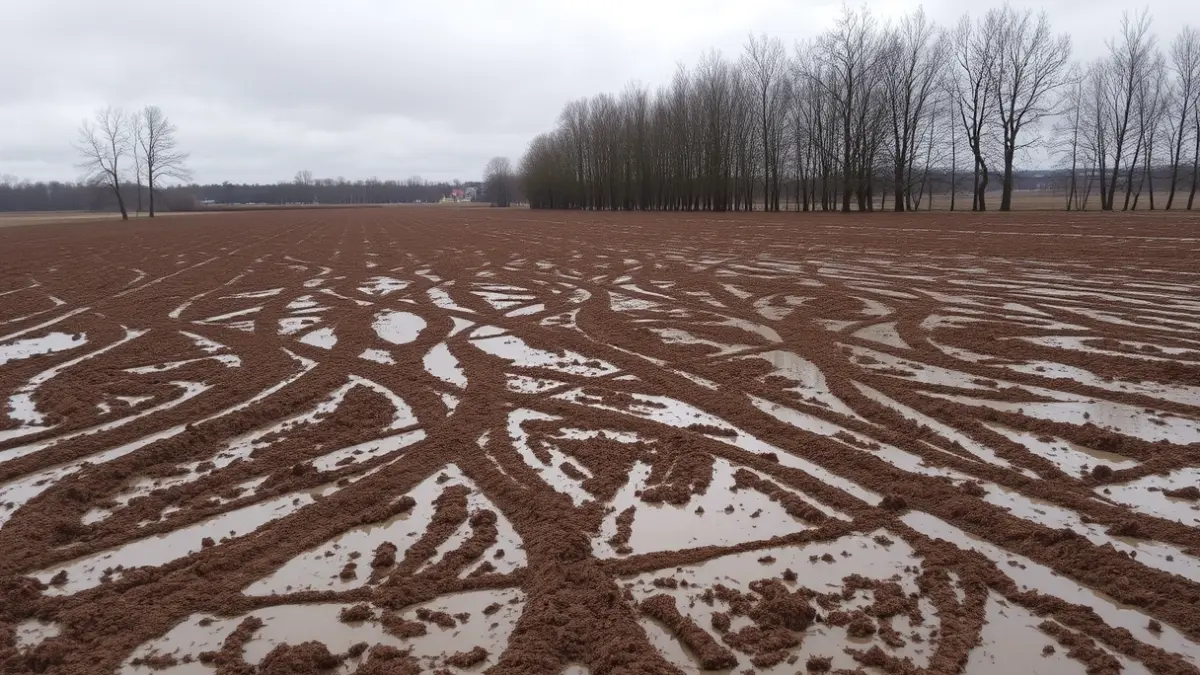 Imagen de un terreno embarrado y encharcado, con huellas de neumáticos, bajo un cielo nublado.