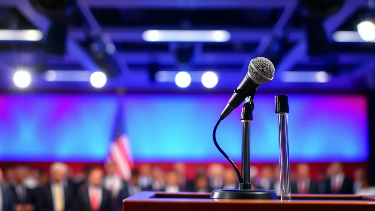Generic image of a microphone on a podium, symbolizing a political debate or press conference.