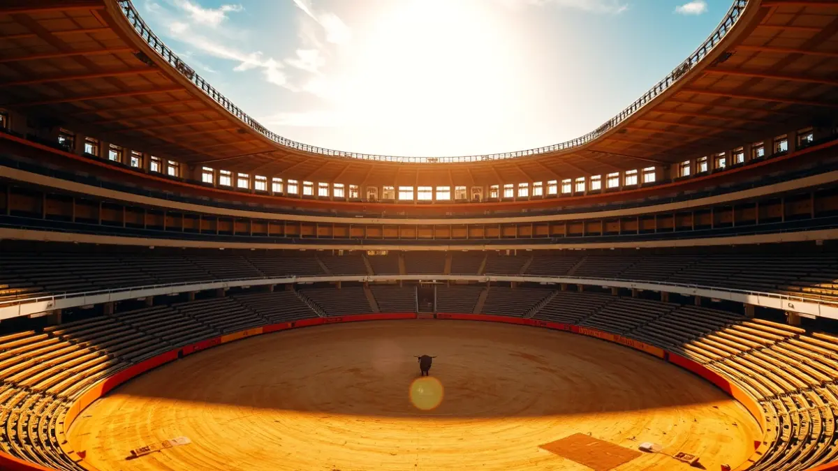 Imagen de una plaza de toros vacía bajo el sol, lista para acoger eventos.