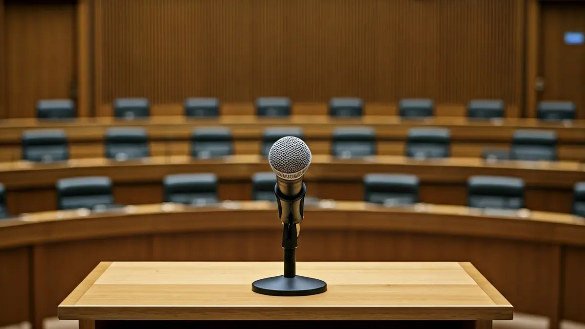 Imagen genérica de un micrófono en un atril en una sala de plenos vacía.