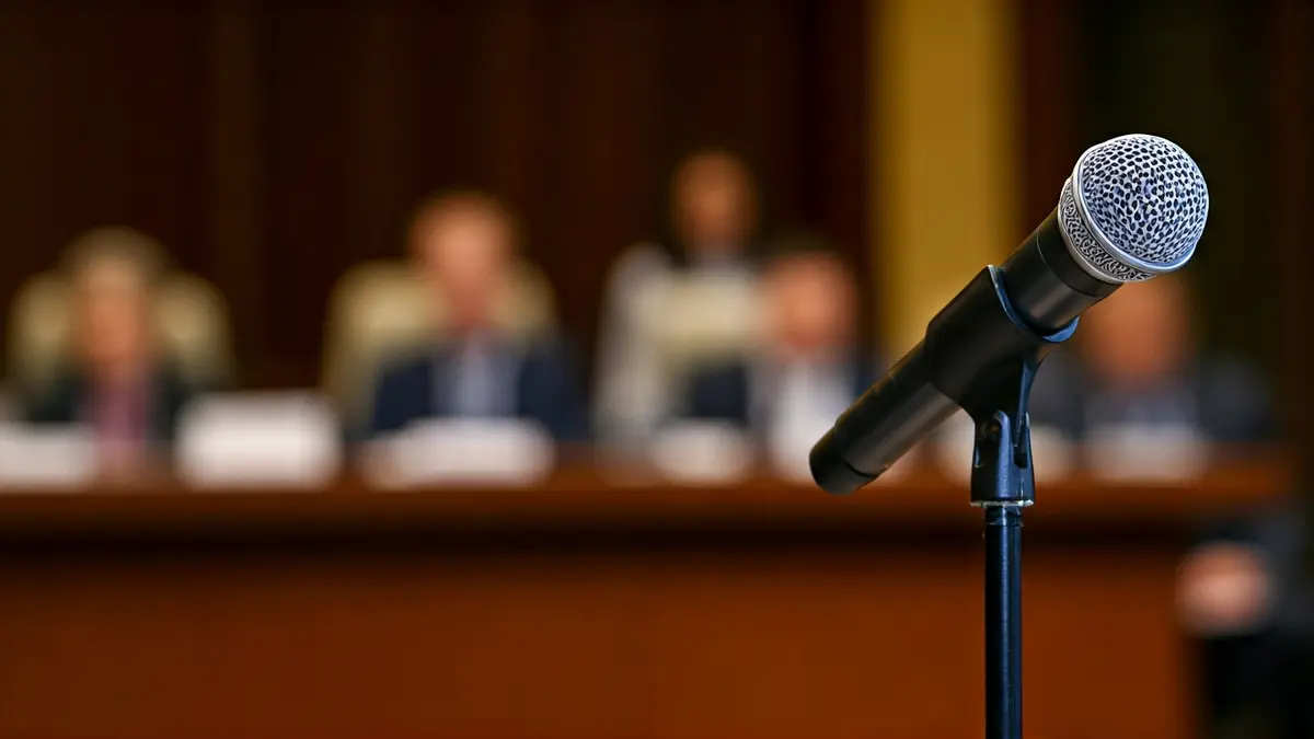 Generic image of a microphone on a podium during a political event.