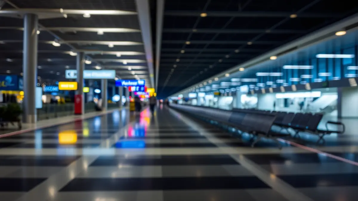 Generic image of an empty airport at night, with blurred lights.