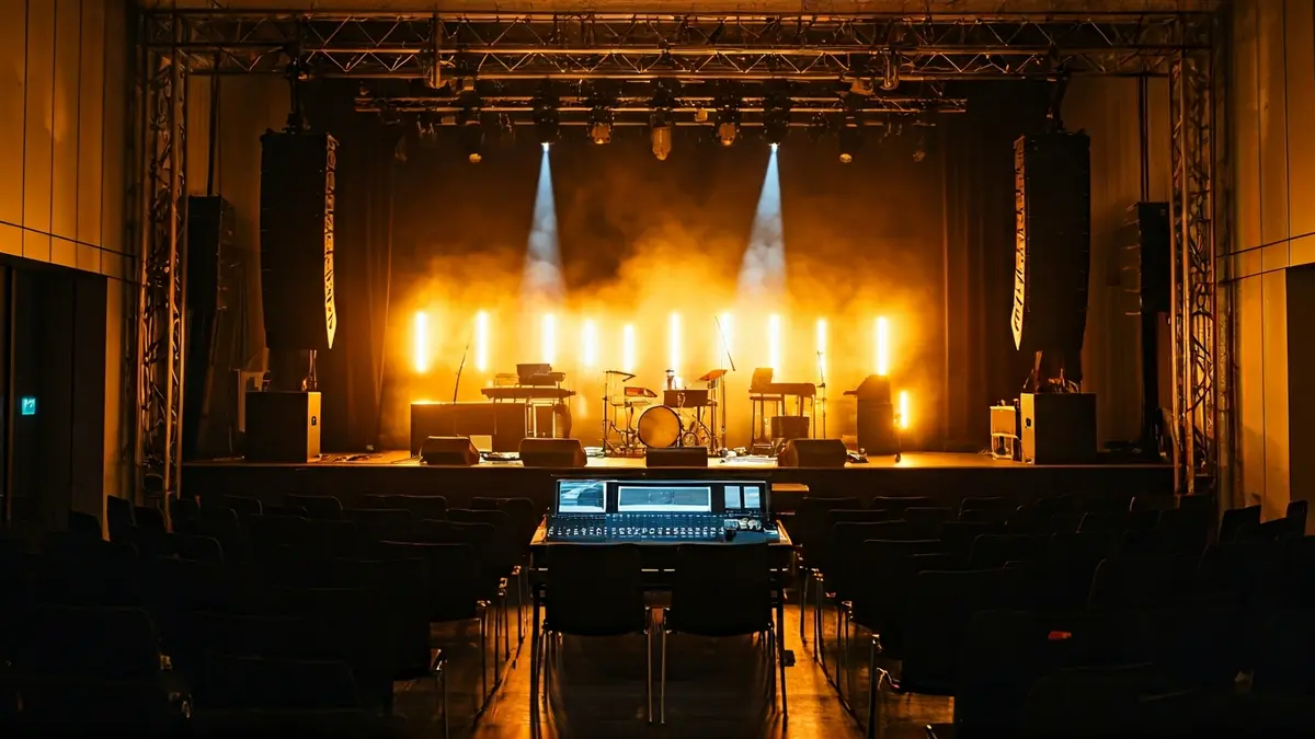Generic image of a stage with sound and lighting equipment, ready for a concert.