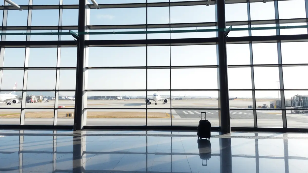 Generic image of a modern airport with an airplane on the runway.