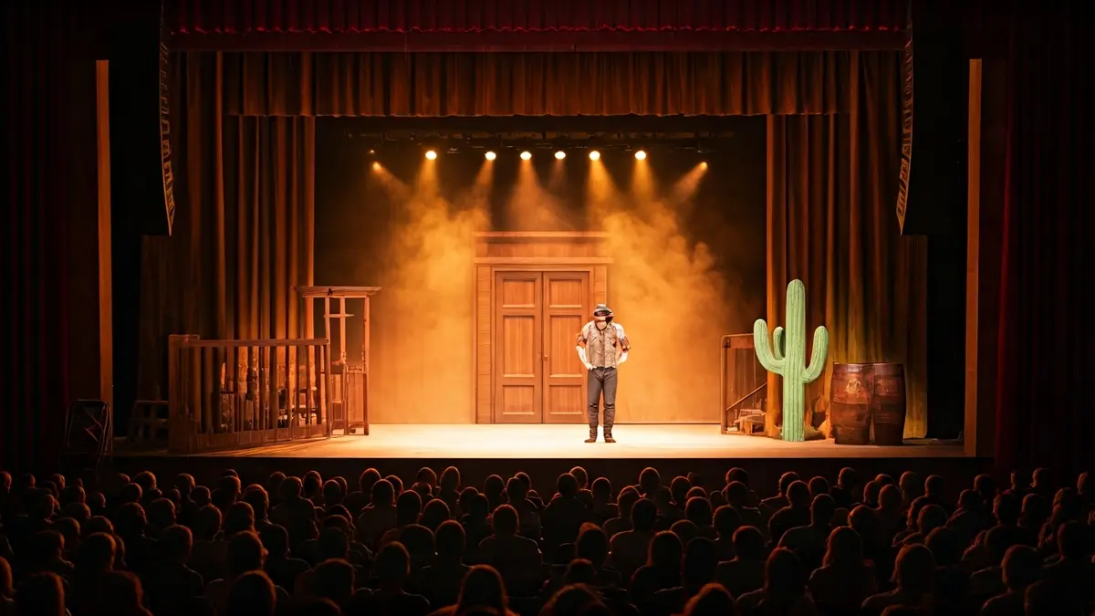 Escenario teatral con elementos del Lejano Oeste, listo para una obra de humor gestual.