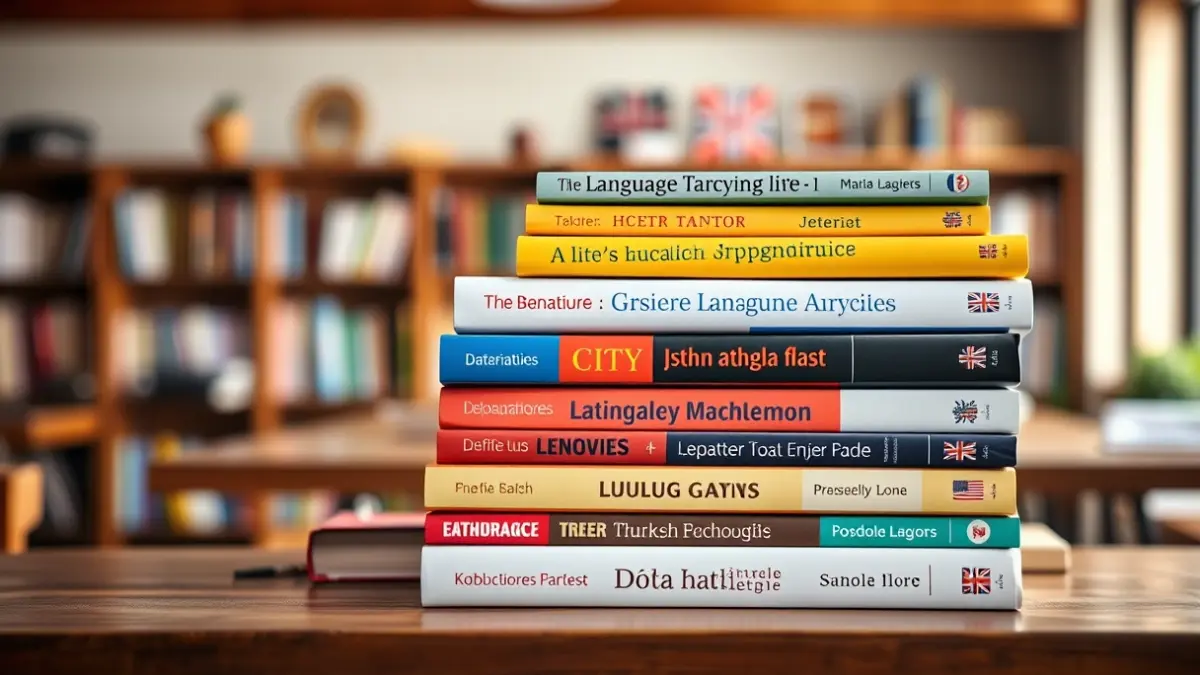 Imagen genérica de libros de idiomas apilados en un escritorio, simbolizando el aprendizaje.