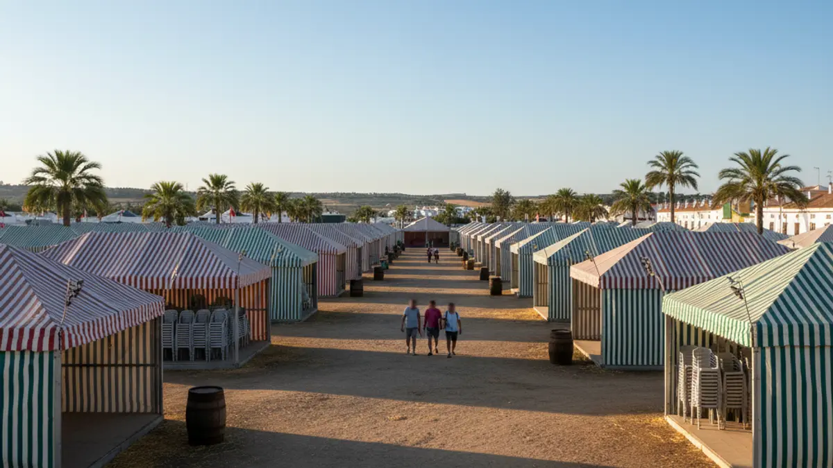 Image of empty booths at an Andalusian fairground, preparing for an event.