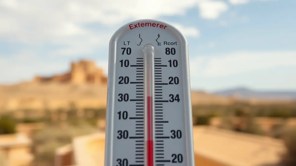 Imagen genérica de un termómetro marcando altas temperaturas, con un paisaje andaluz soleado de fondo.