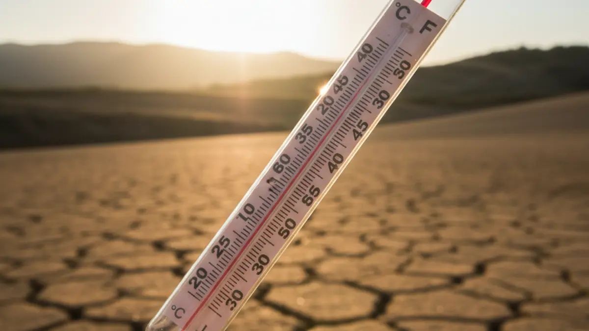 Imagen genérica de un termómetro marcando altas temperaturas sobre un paisaje árido.