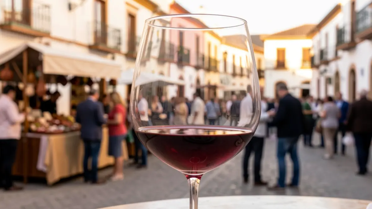 Close-up of a red wine glass with a blurred background of Abrucena's town square during the Provincial Artisan Wine Contest.