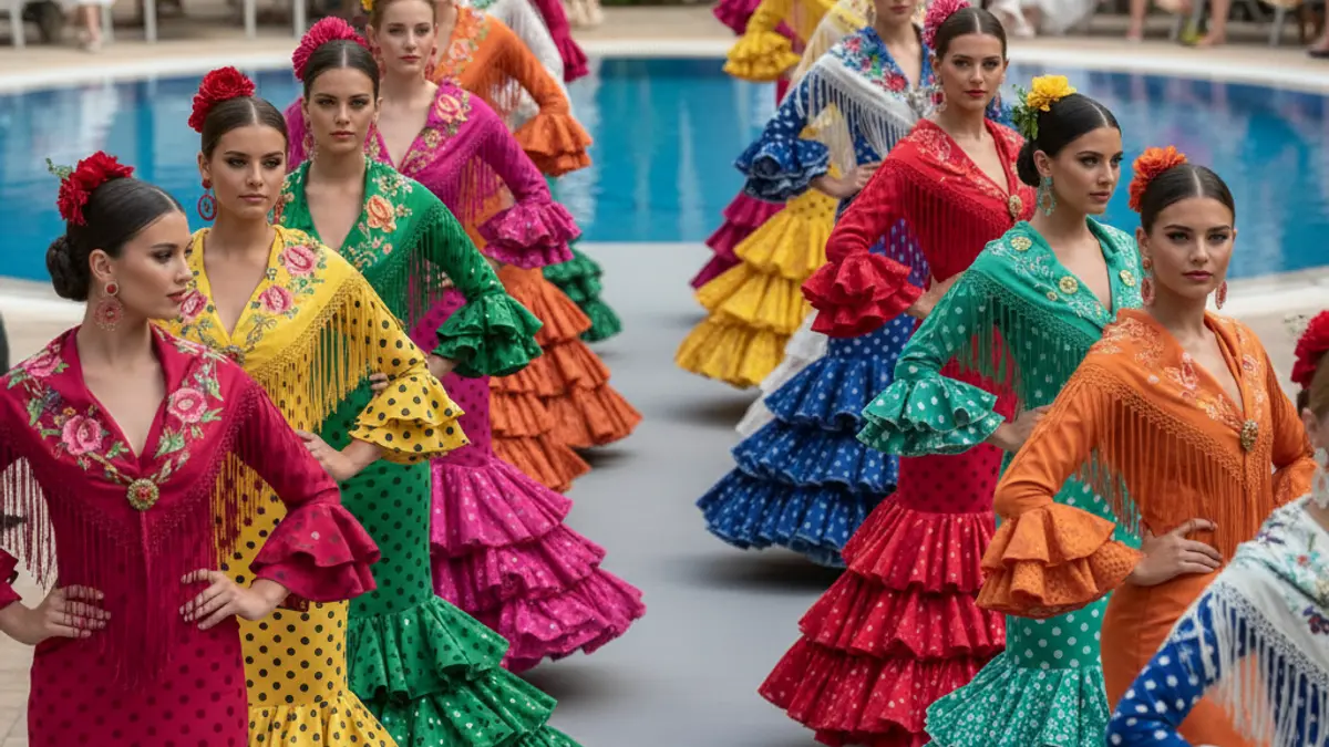 Flamenco dress parade in Abrucena with a swimming pool in the background.