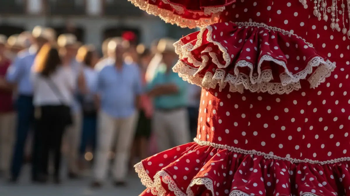 Imagen de un traje de flamenca con volantes y lunares, en un ambiente festivo.