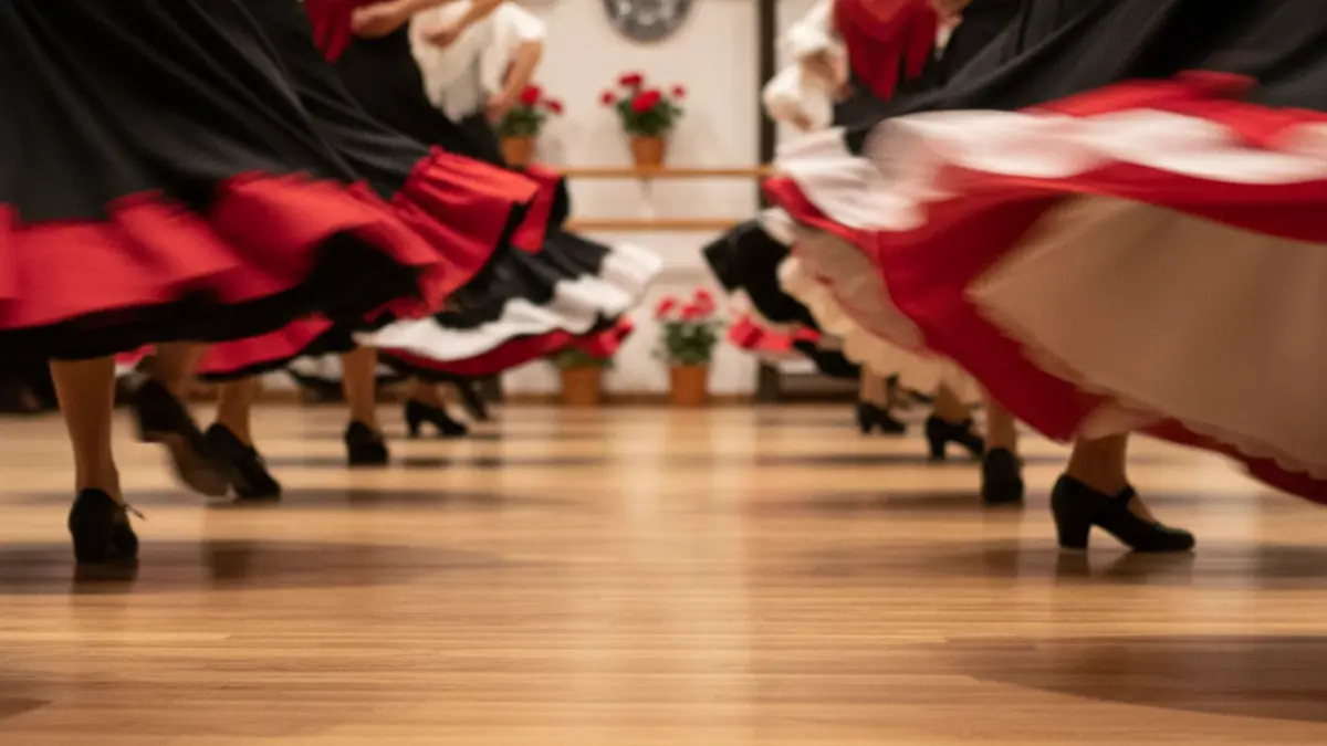 Image of people practicing sevillanas in a dance academy.