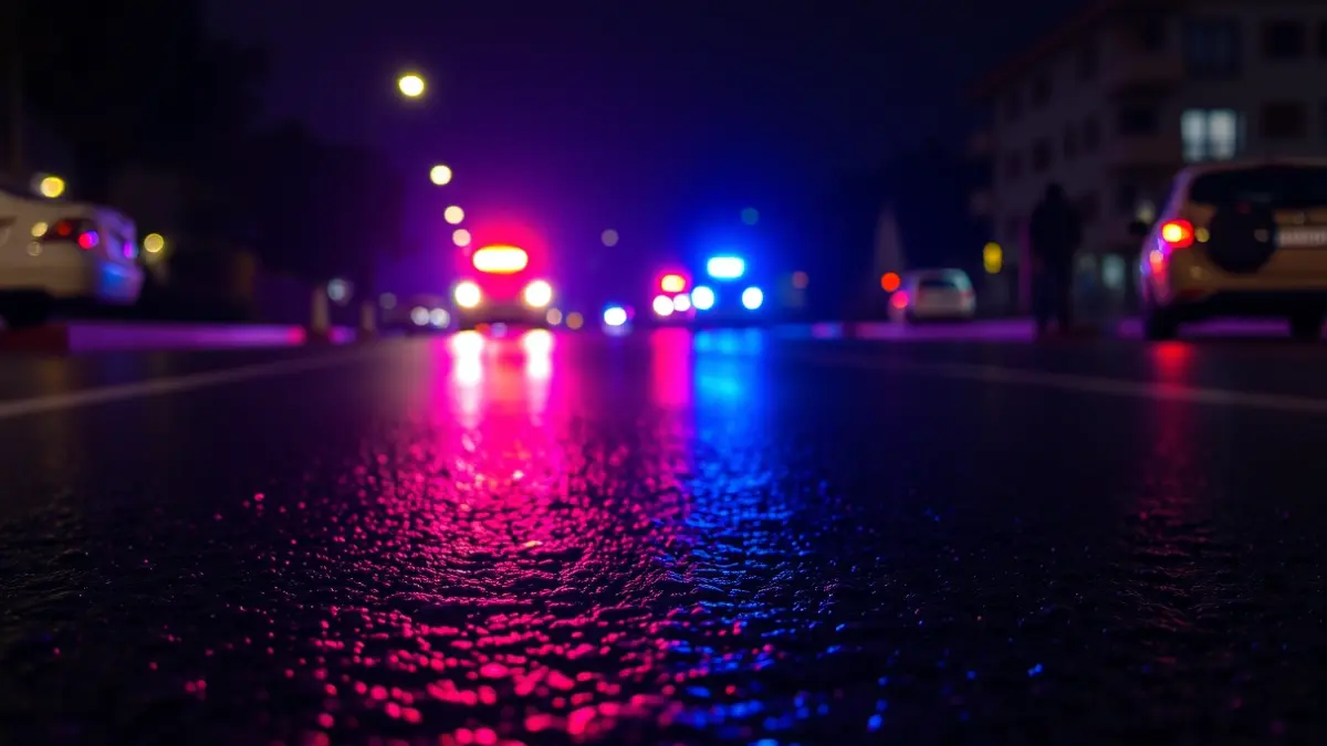 Generic image of emergency lights reflecting on wet asphalt.