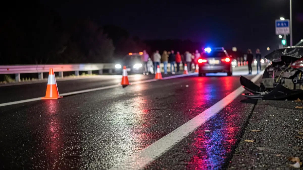 Imagen genérica de luces de emergencia reflejándose en el asfalto mojado de la AP-4 por un accidente.