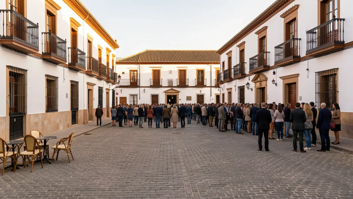 Traditional Andalusian square with whitewashed buildings and ornate balconies at sunset.