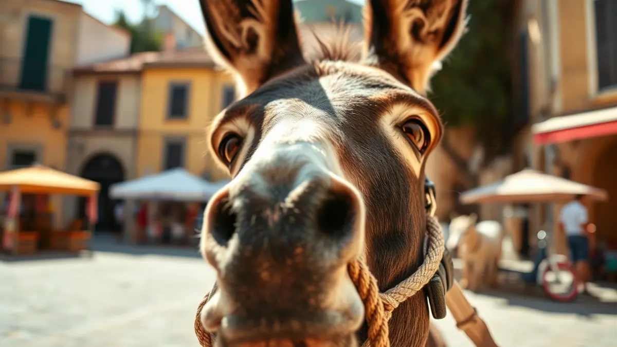 Imagen de un burro con una cuerda en un entorno urbano.