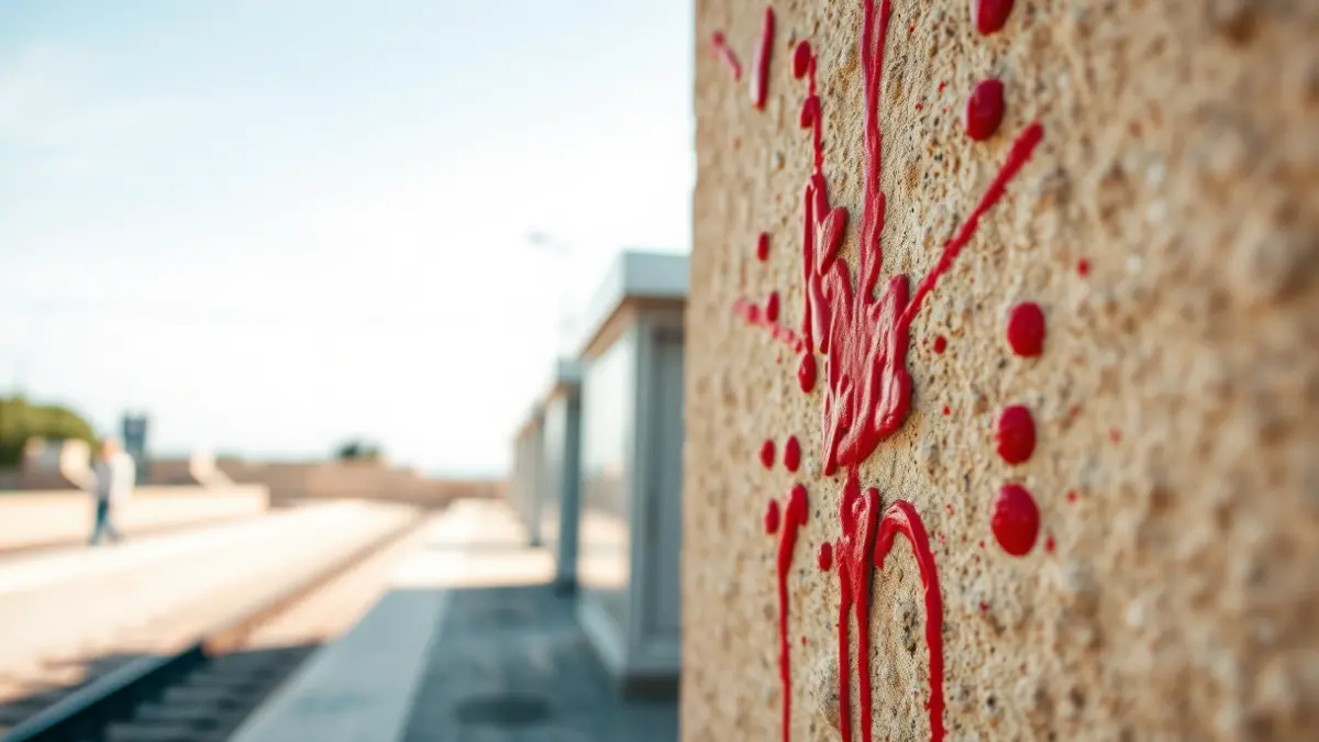 Image of red paint spilled on a stone wall at the bullring in Córdoba.