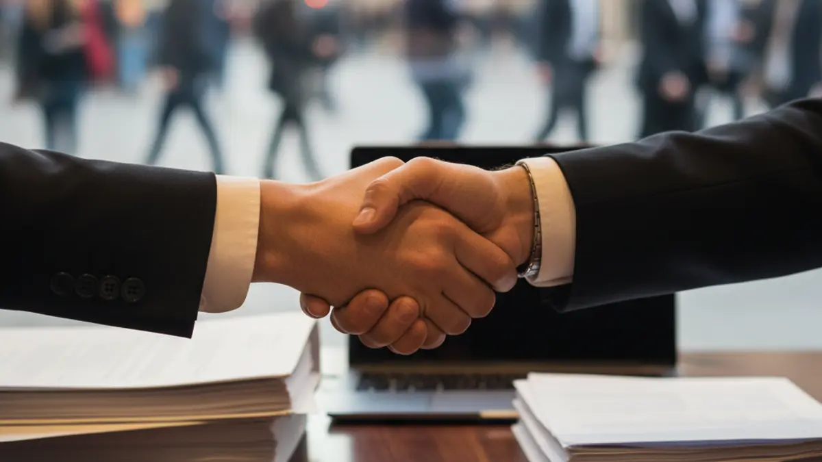 Generic image of a handshake over a desk, symbolizing a business agreement.