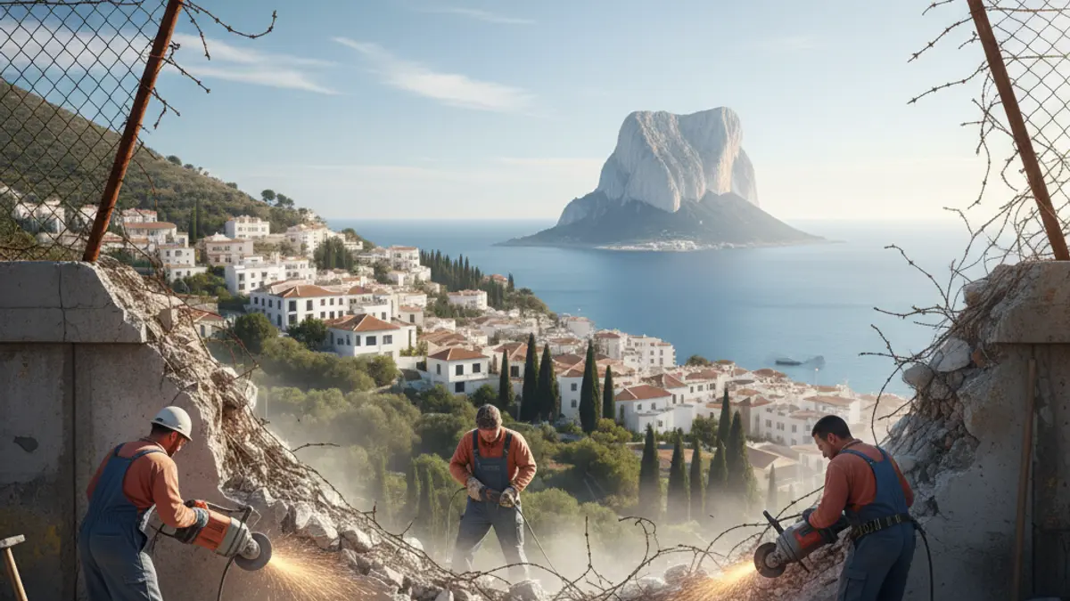 Imagen simbólica del derribo de una barrera fronteriza, con herramientas de construcción y polvo, en un entorno mediterráneo.