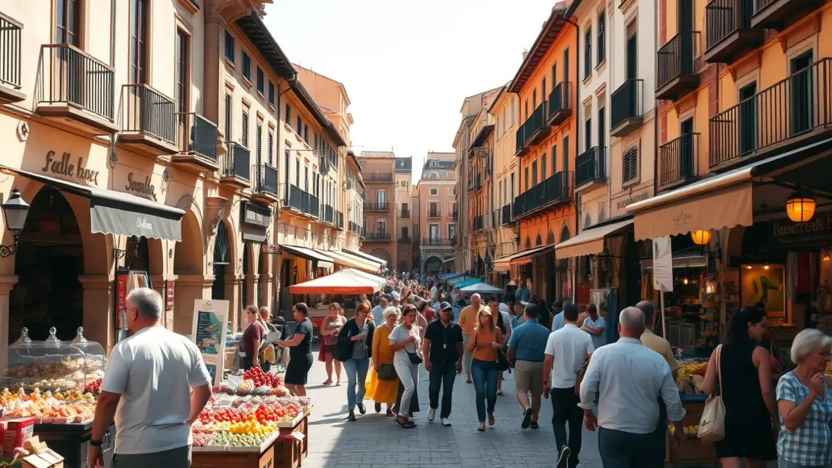 Imagen de una plaza de mercado tradicional en Andalucía, con edificios históricos y ambiente animado.