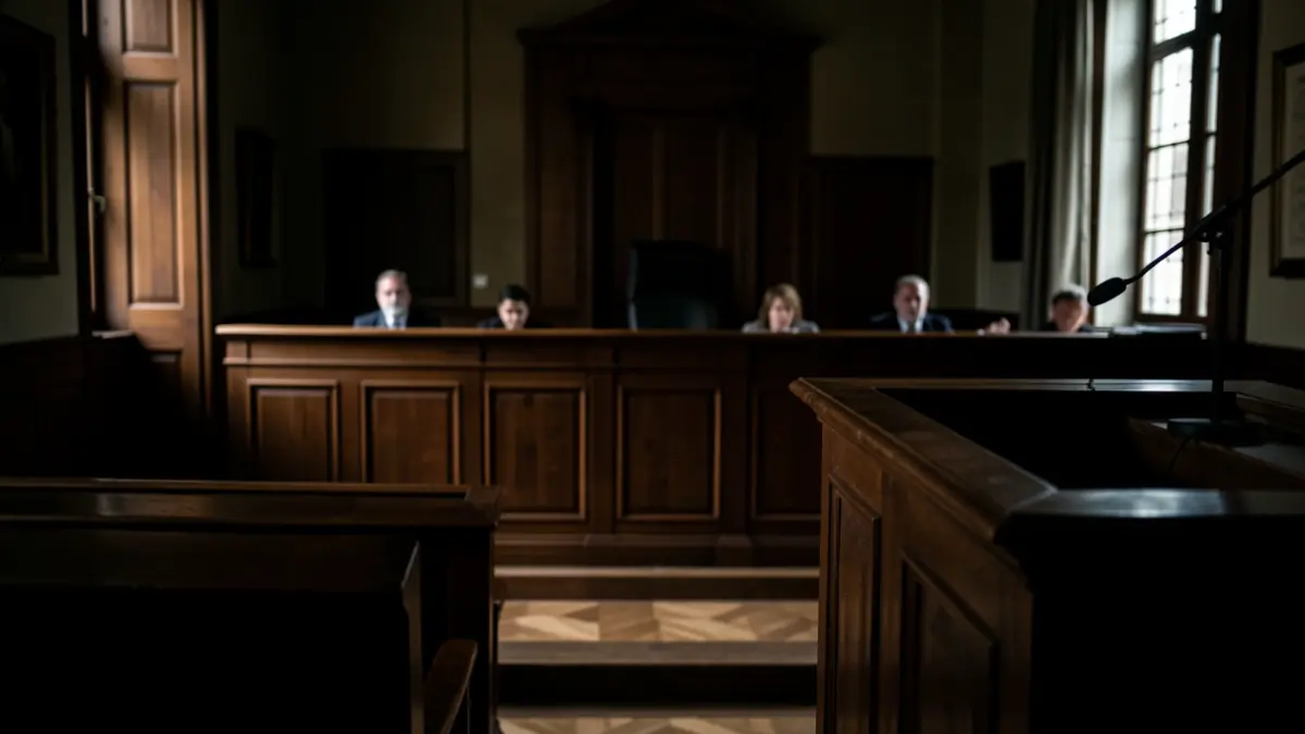 Generic image of a courtroom with a jury in the background and a podium.
