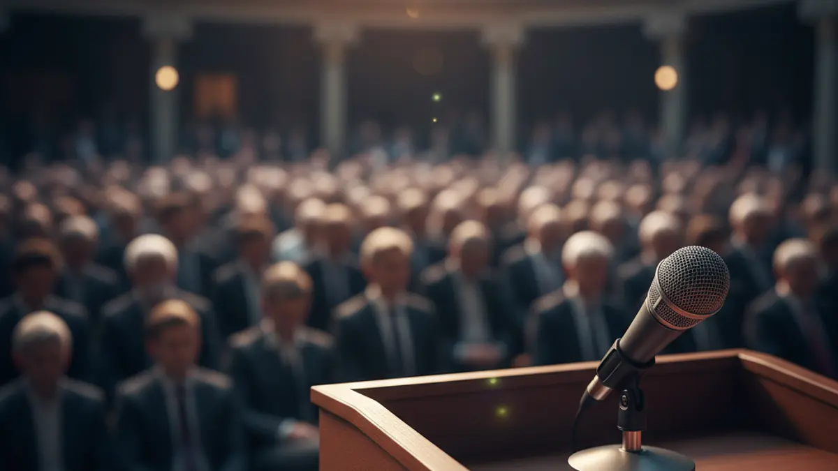 Generic image of a microphone on a podium during a political event.