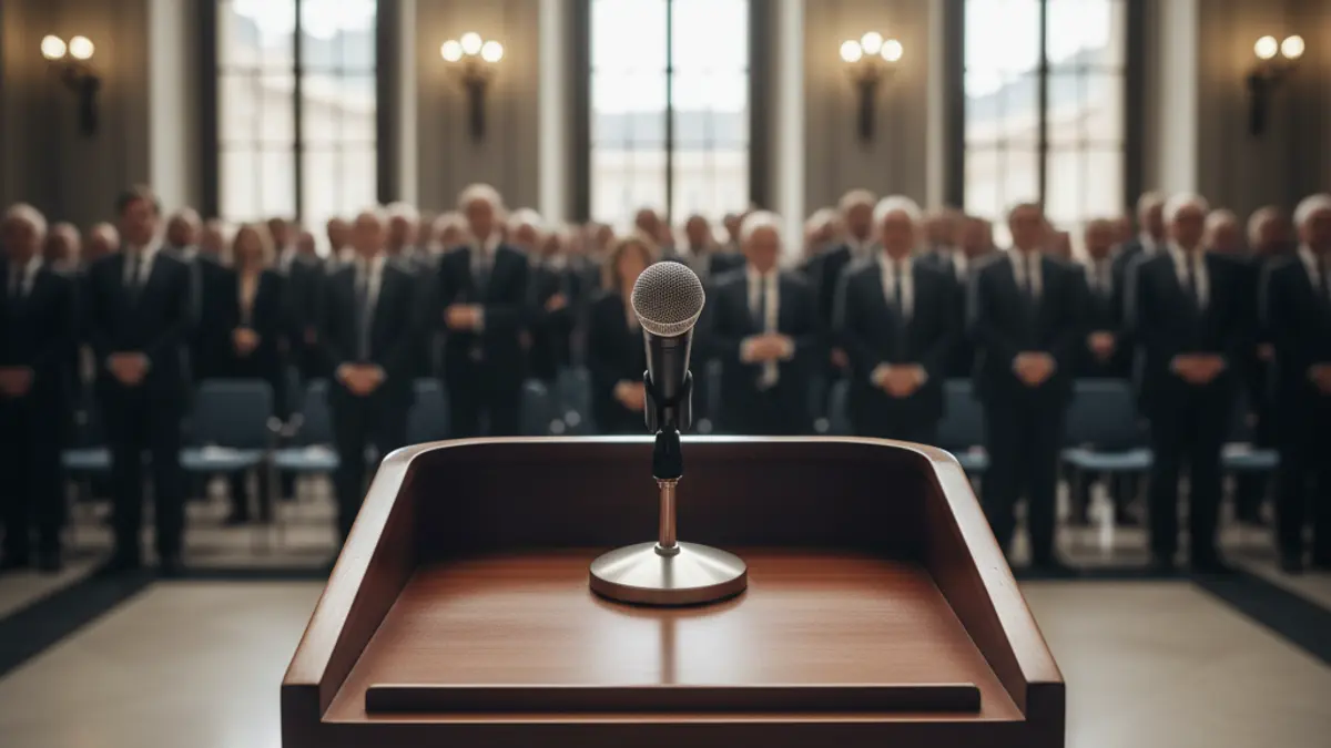 Imagen genérica de un micrófono en un podio durante una presentación política.