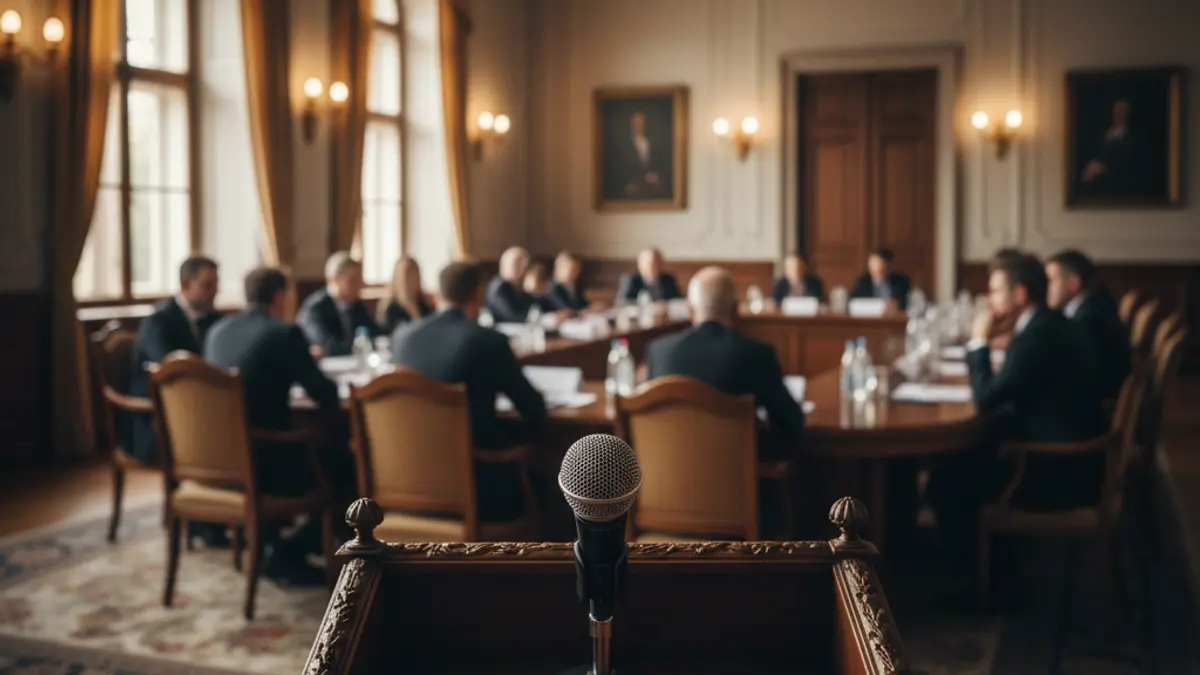 Generic image of a microphone on a podium during a political presentation.