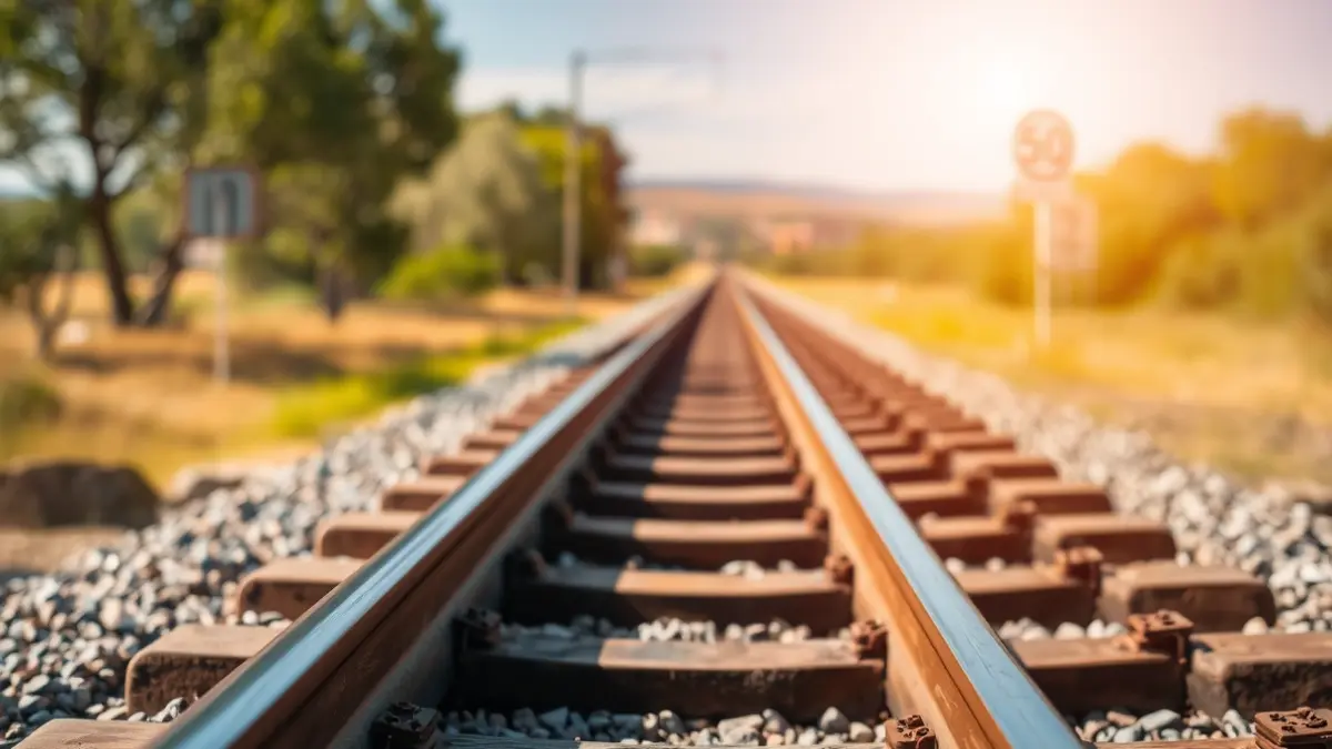 Generic image of train tracks in an Andalusian landscape, with a speed limit sign.