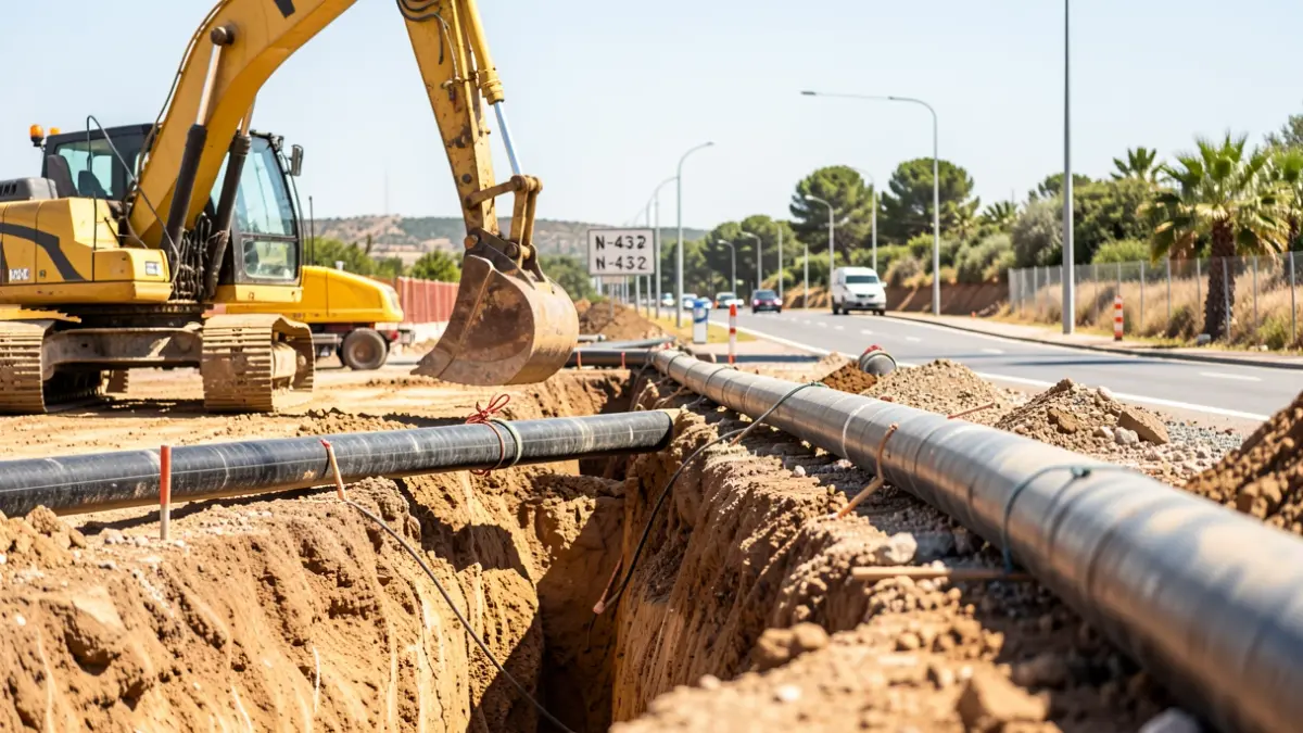 Imagen de las obras del colector de saneamiento en Espejo, Córdoba, junto a la carretera N-432.