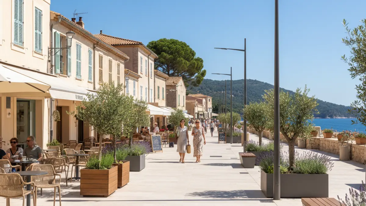 Imagen de una calle renovada en Huelva con nuevo mobiliario urbano y zonas peatonales.