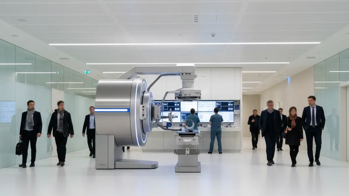 Imagen de un equipo de protonterapia en un entorno hospitalario moderno.