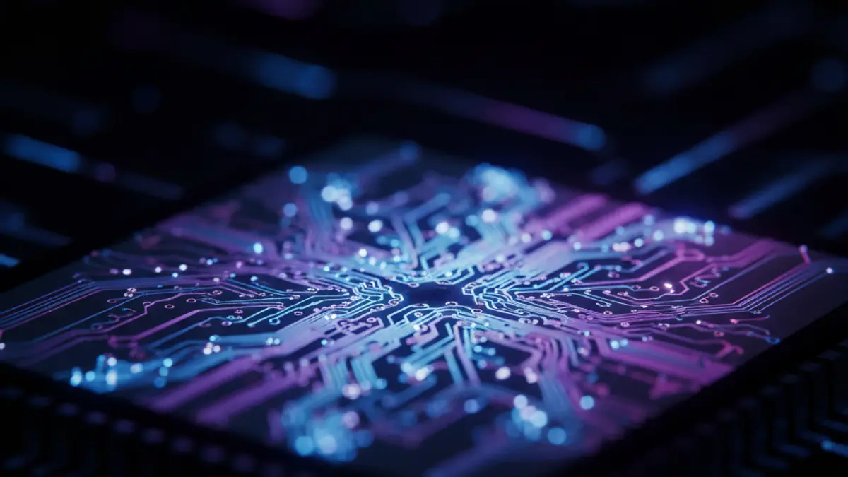 Generic image of a microchip or semiconductor with intricate circuits and futuristic light.