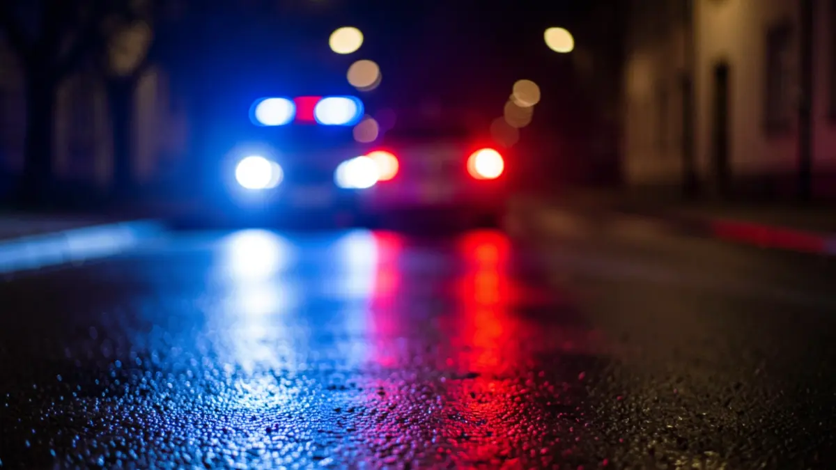 Imagen genérica de luces de emergencia policiales reflejándose en asfalto mojado por la noche.