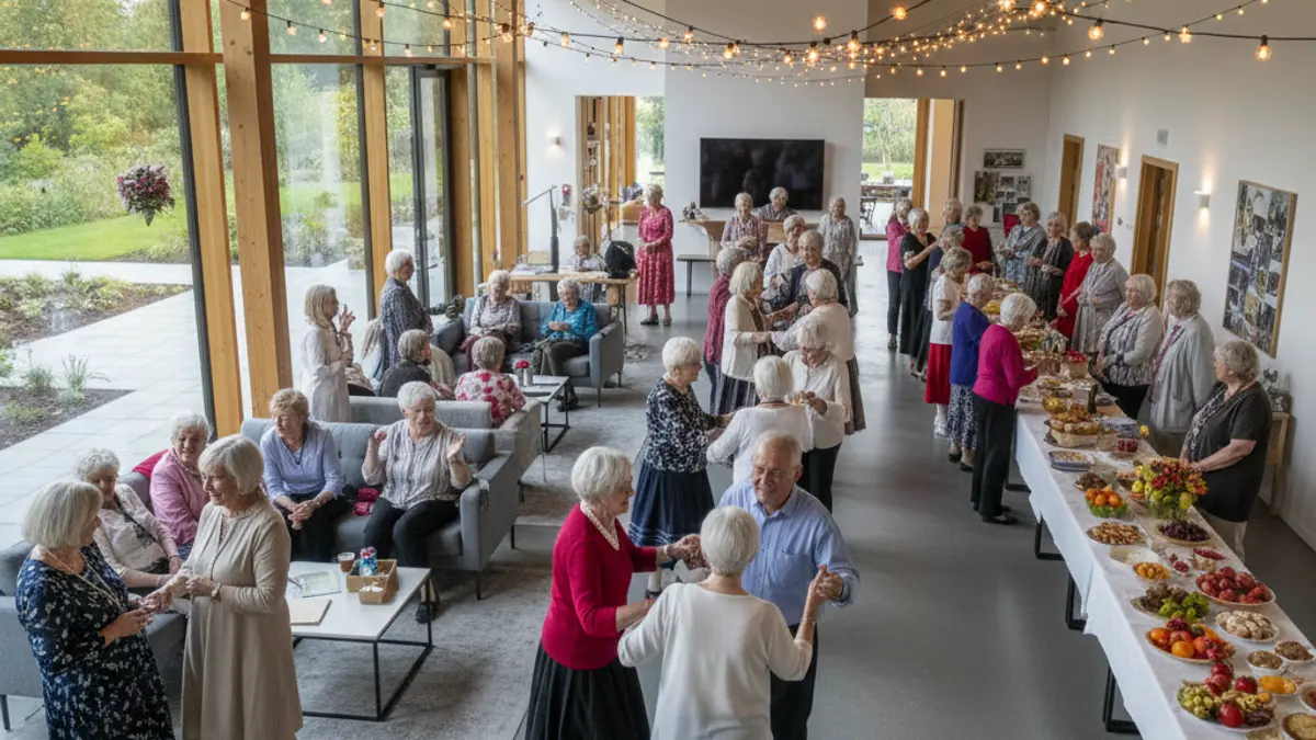 Image of an open day at a senior residence, with residents and families interacting.