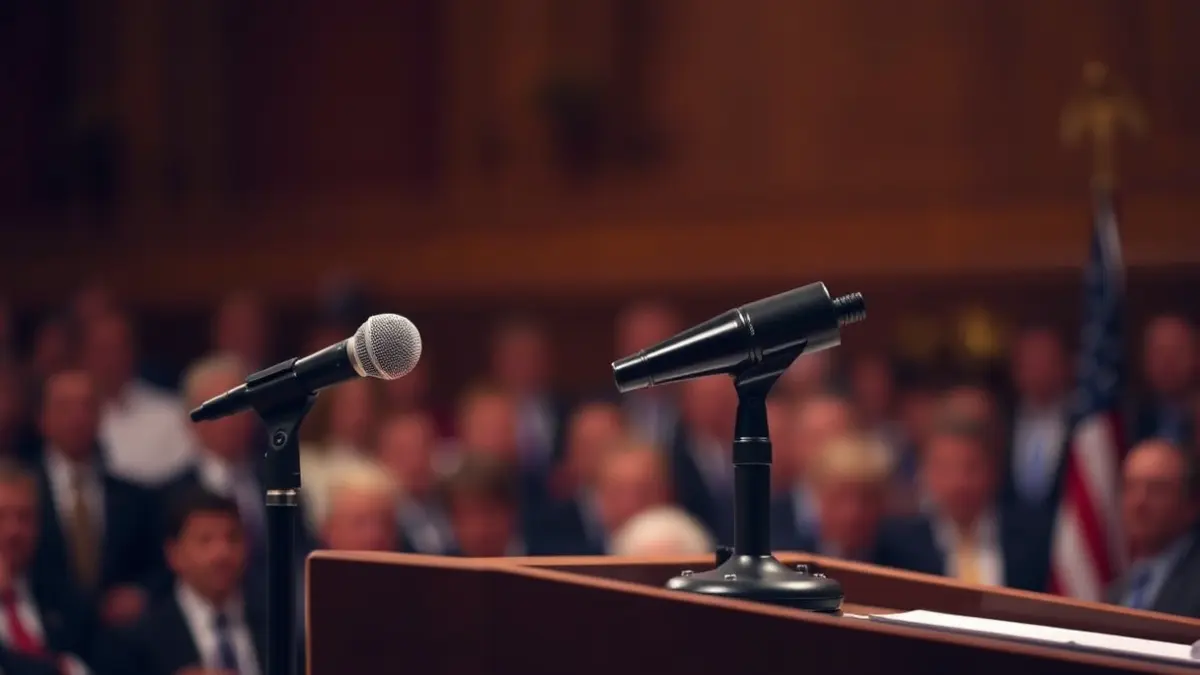 Generic image of a microphone on a podium during a political event.