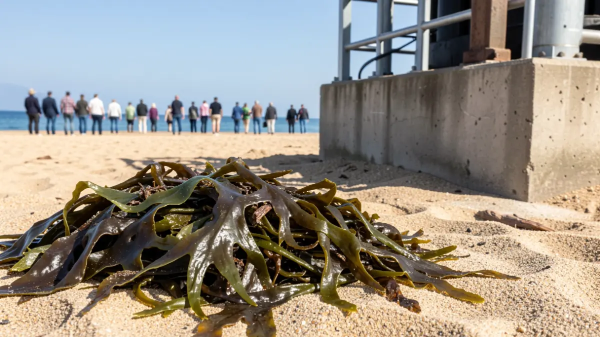Pile of invasive seaweed Rugulopteryx okamurae next to a wastewater treatment plant in Tarifa.