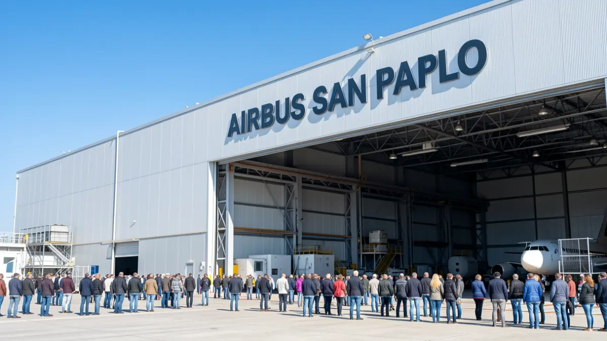 Vista exterior de la planta de Airbus en San Pablo, Sevilla, con un hangar y elementos industriales.