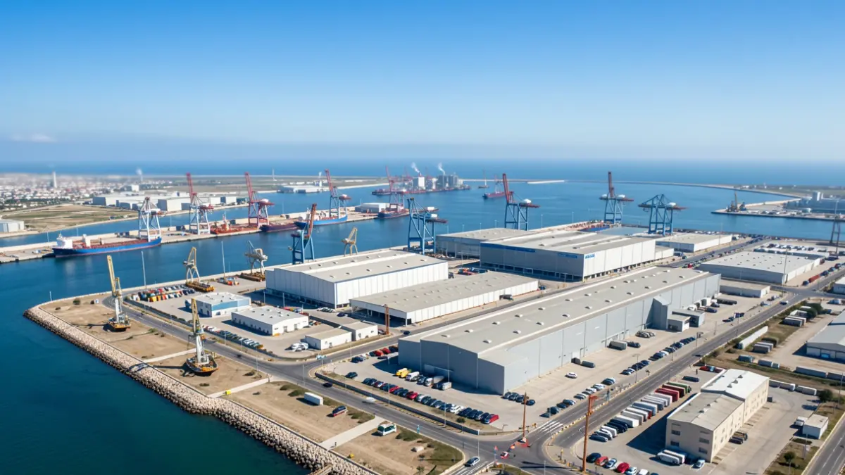Vista aérea de las instalaciones industriales y la infraestructura portuaria en la Bahía de Cádiz.