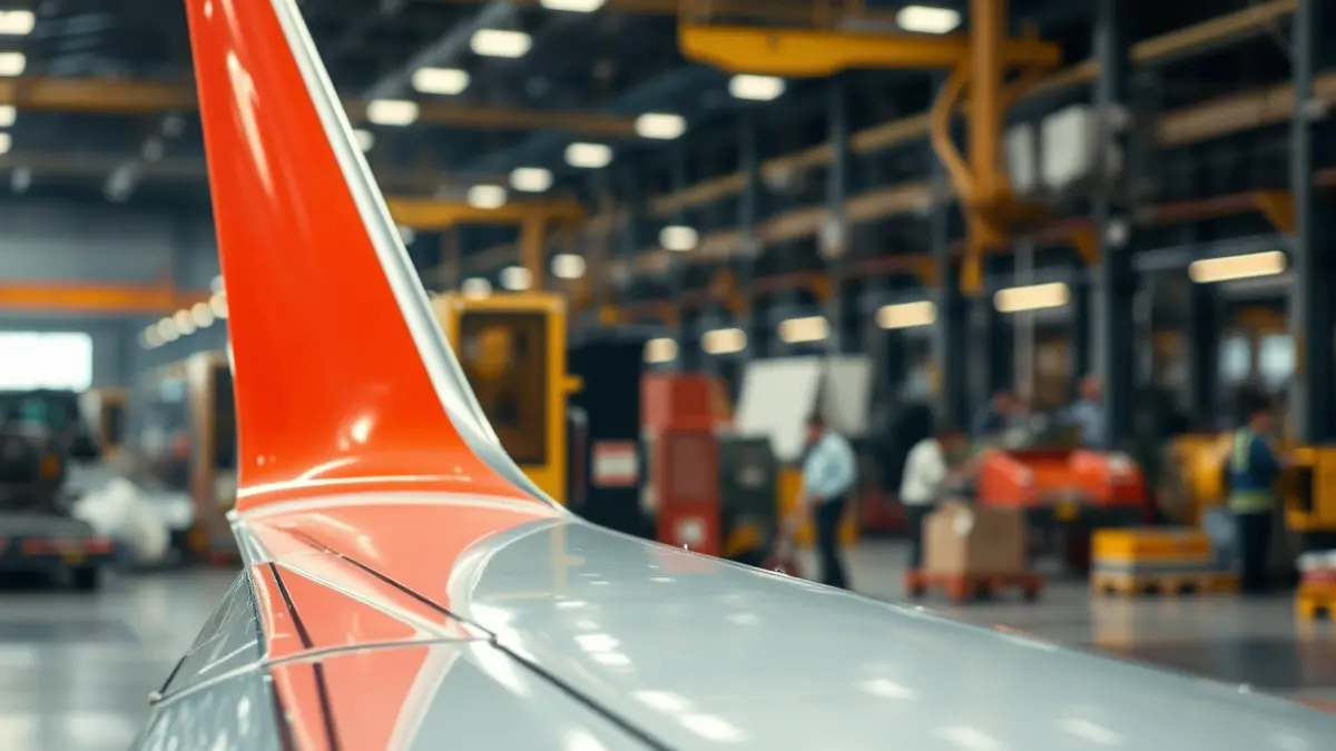 Image of an airplane tail fin in a factory, with industrial machinery in the background.
