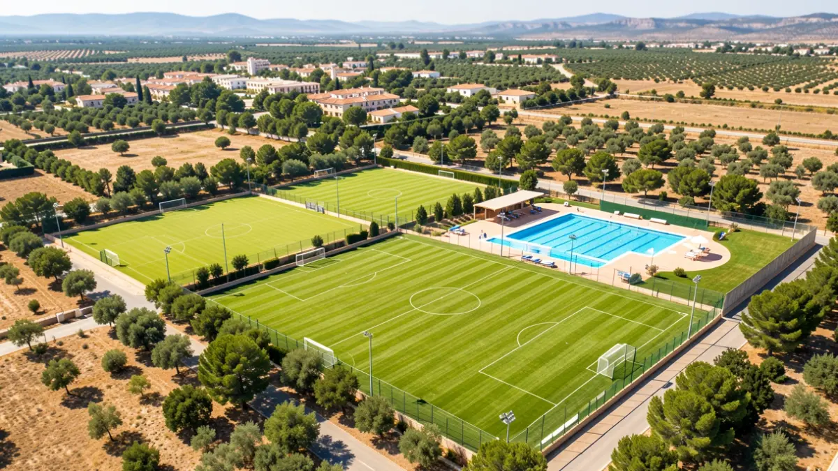 Aerial view of a sports complex in Alcalá la Real with fields and a swimming pool.