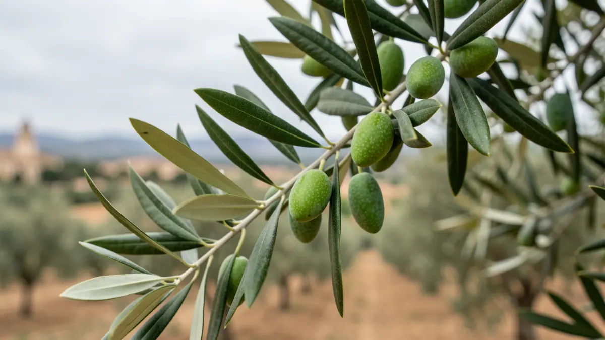 Primer plano de ramas de olivo con aceitunas inmaduras, simbolizando desafíos agrícolas, con el campo andaluz desenfocado al fondo.