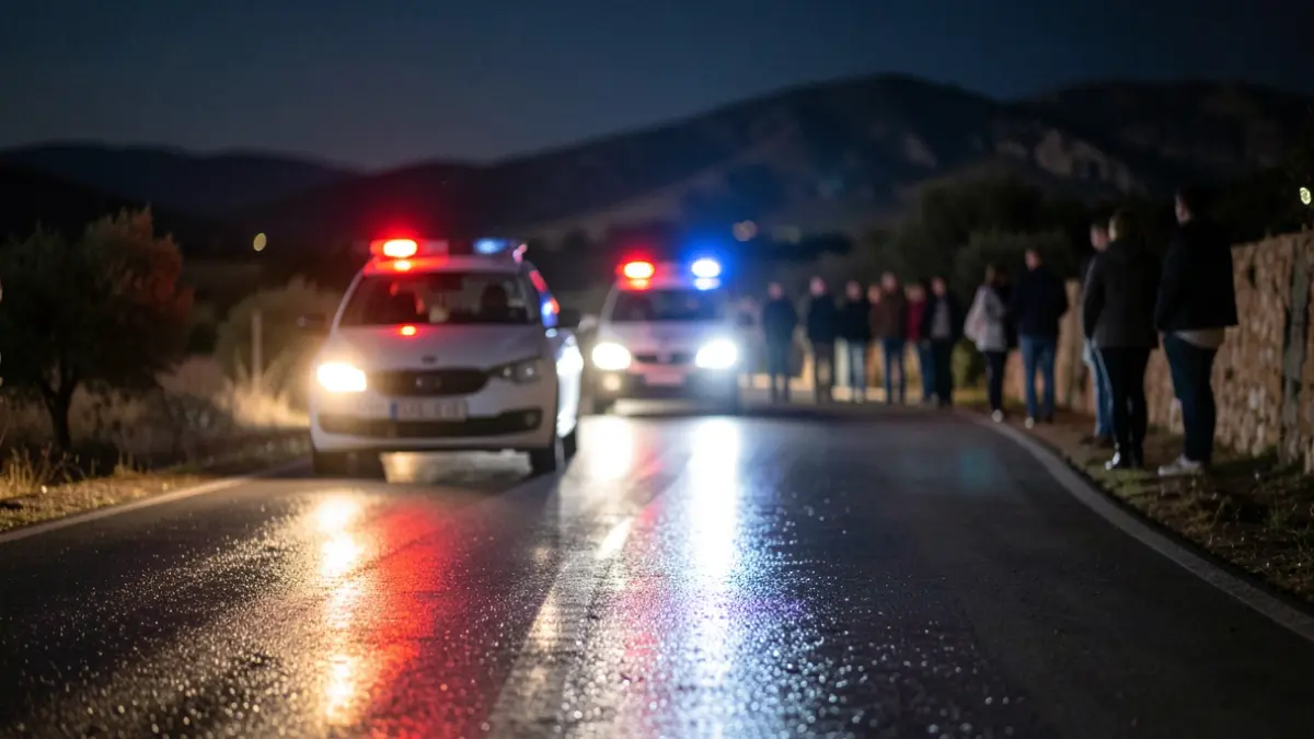 Imagen genérica de luces de emergencia reflejándose en el asfalto mojado por la noche en una zona rural de Almería.