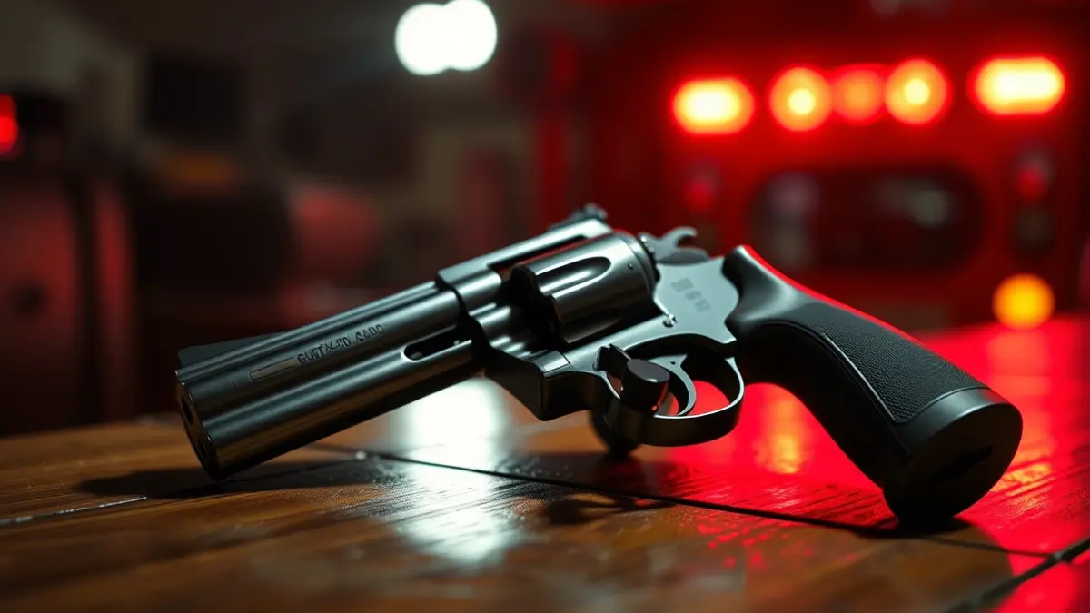 Image of a loaded revolver on a table, with blurred emergency lights in the background.