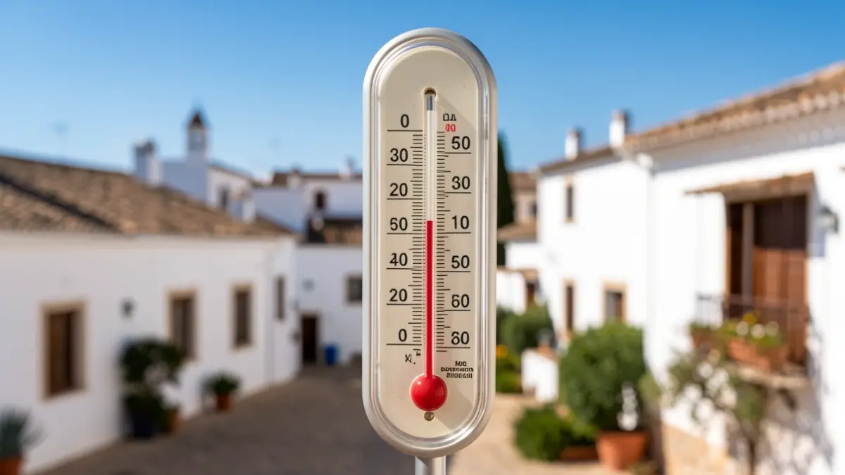 Thermometer showing high temperature in a sunny Andalusian landscape.