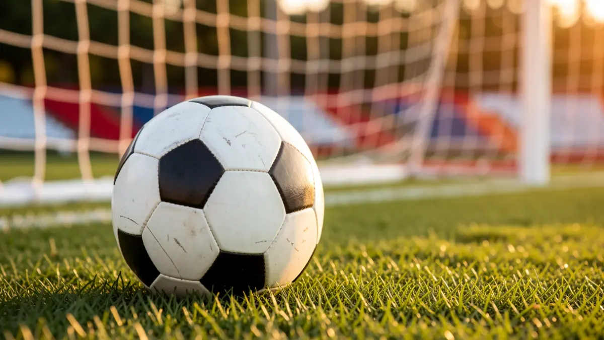 Imagen genérica de un balón de fútbol sobre césped con la red de fondo.