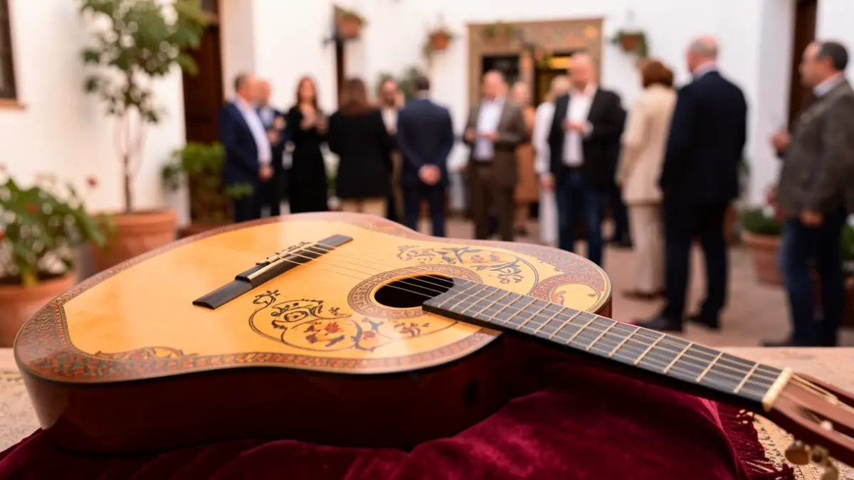 Primer plano de una guitarra flamenca en un patio andaluz.