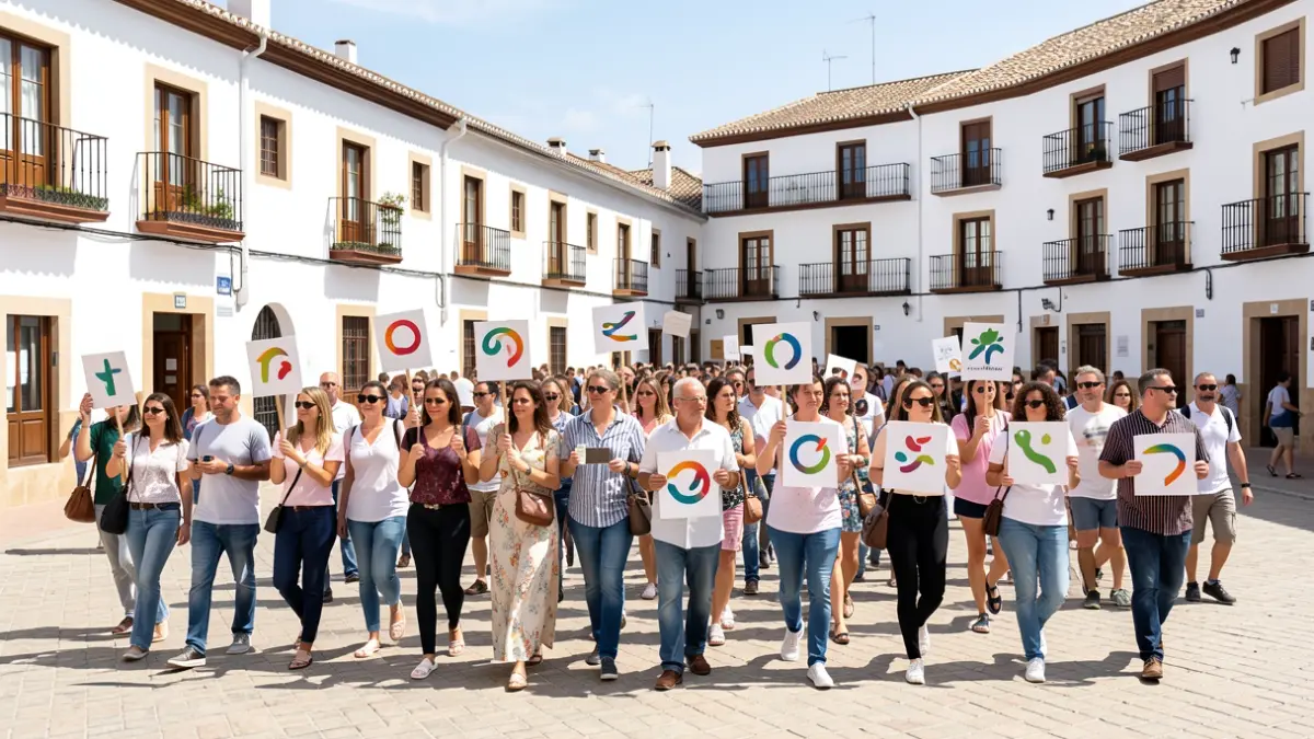 Imagen genérica de una marcha solidaria en una plaza de Andalucía con gente diversa.